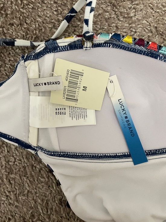 NWT - Lucky Brand White Swimsuit with Navy Trim and Multicolor Accents - Picture 2 of 3